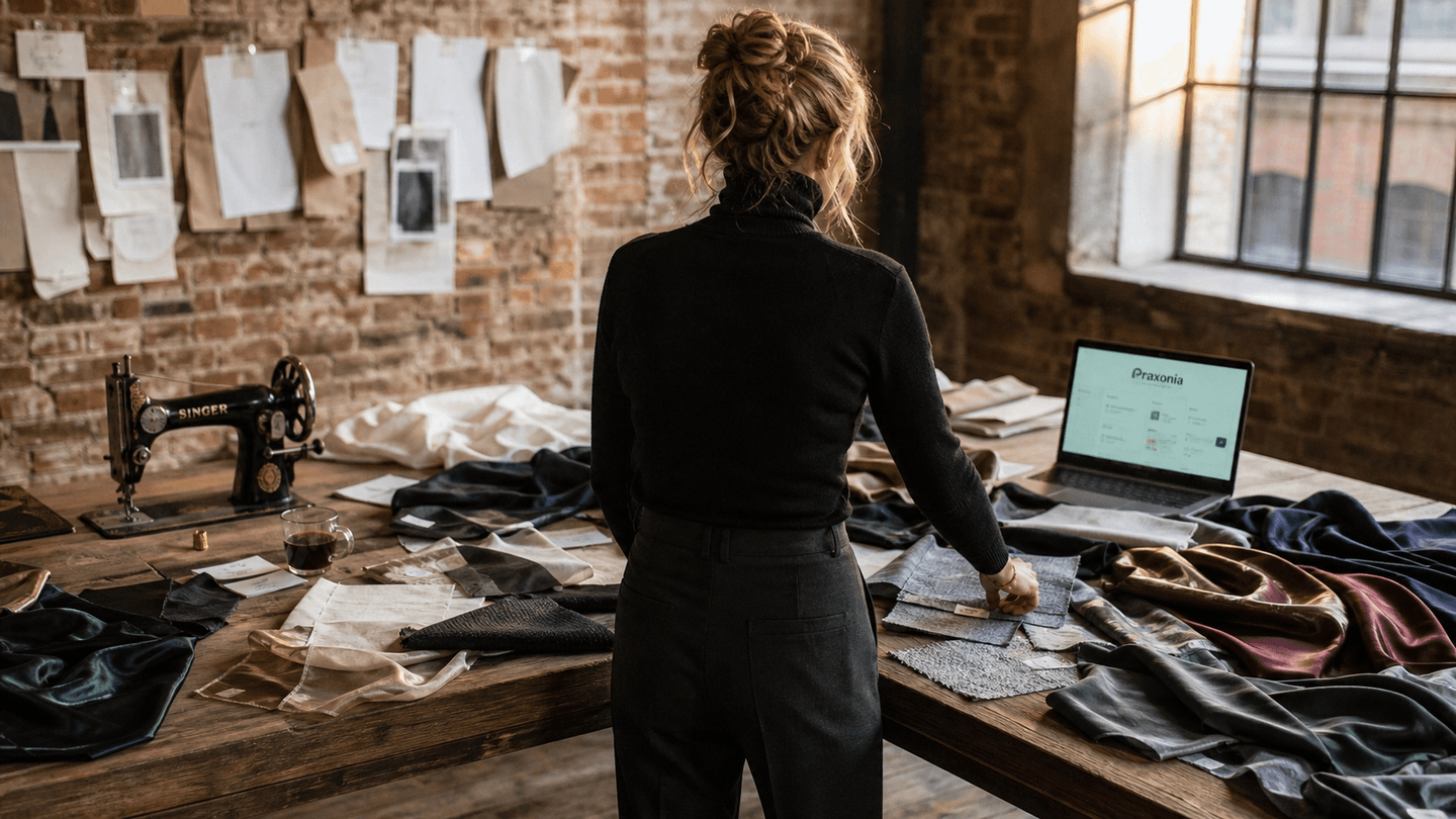 Polish founder-ka fashion SMB widziana od tyłu w atelier — sortuje fabric swatches przy industrial wooden cutting table, Łódź red brick wall background