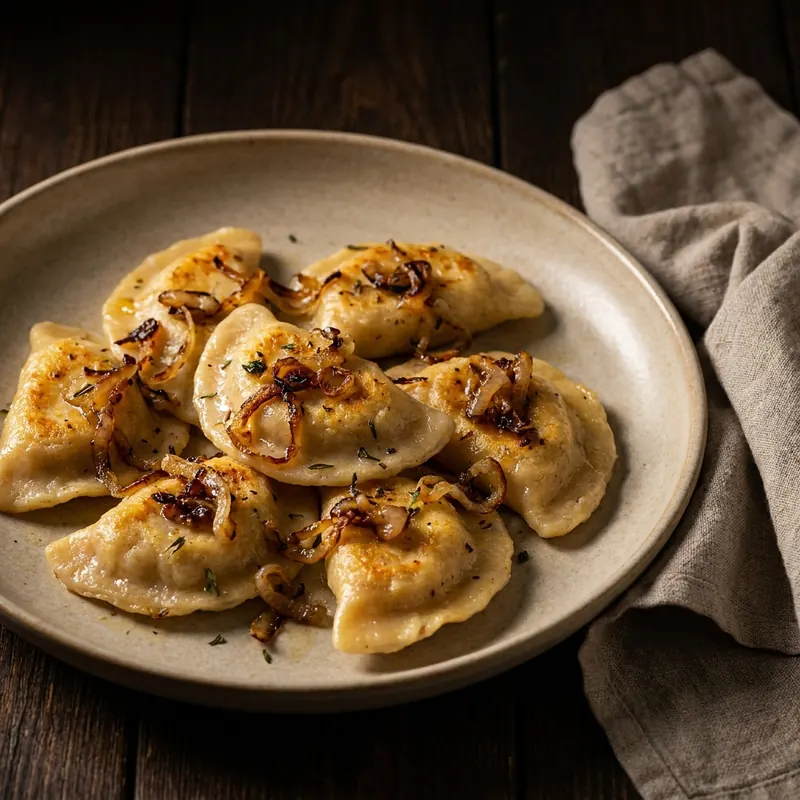 Podsmażane pierogi z kaszą gryczaną i twarogiem na ciemnym talerzu, kadr z góry.