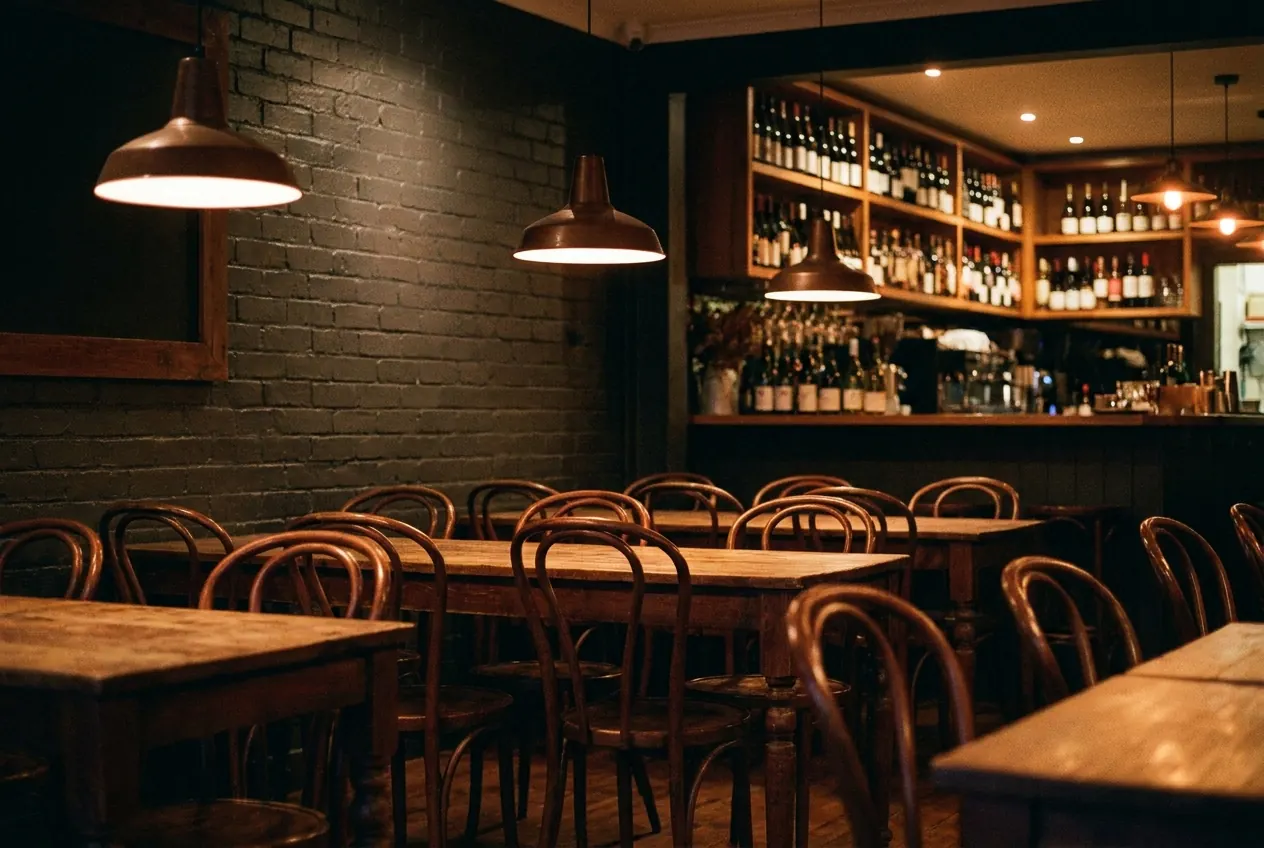 Wnętrze bistro Opieńka po zmroku: drewniane stoły, niskie lampy nad blatami, ciemne ściany.