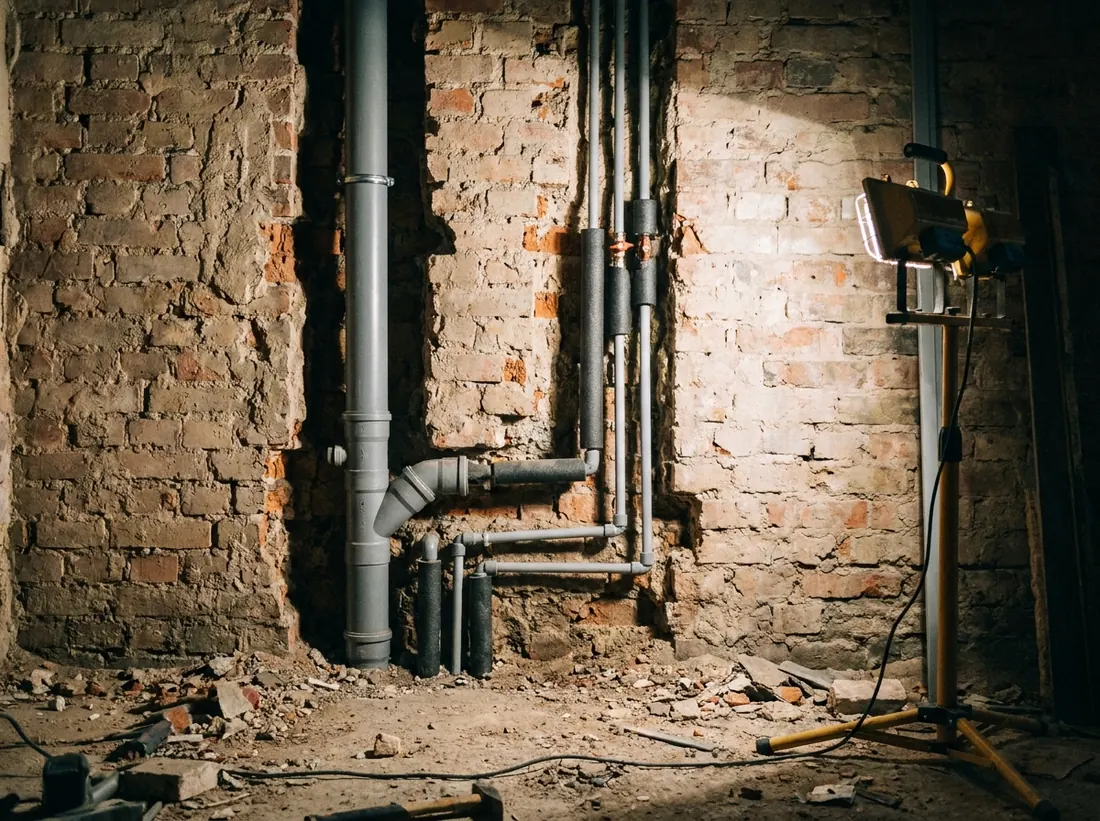 Odsłonięty szacht instalacyjny w kamienicy z nowymi pionami wodociągowymi i kanalizacyjnymi, rury w izolacji, obejmy montażowe na ścianie.